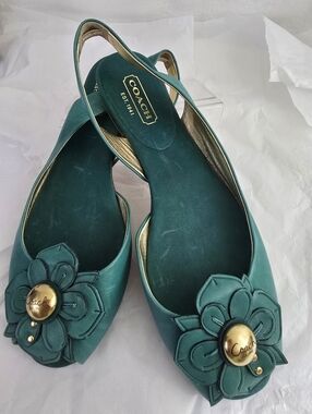 COACH Est. 1941 Teal Green Leather Floral Slingback Peep Toe Heels - Sz 8.5 NWOB